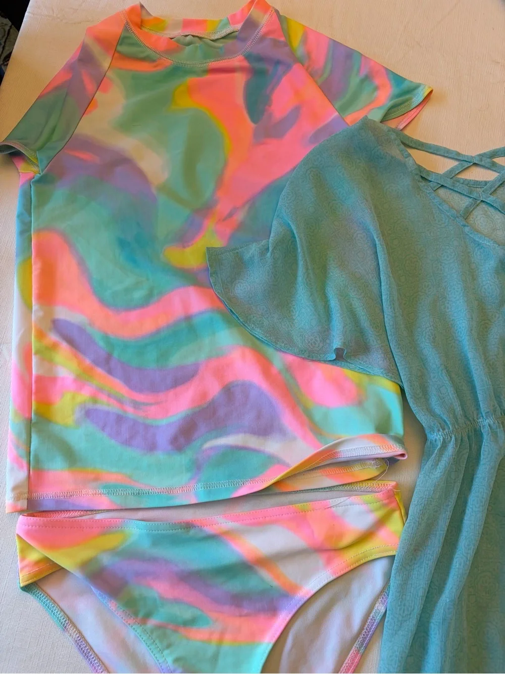 Girls 10/12 swim bundle - Kids Multicolor Swirl two Piece with Aqua Cover-Up